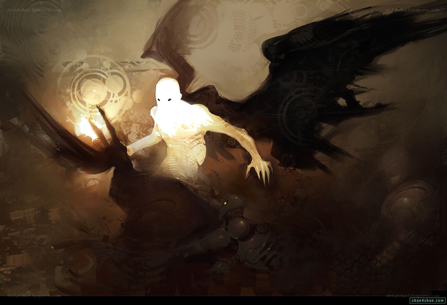 glowing figure with dark wings