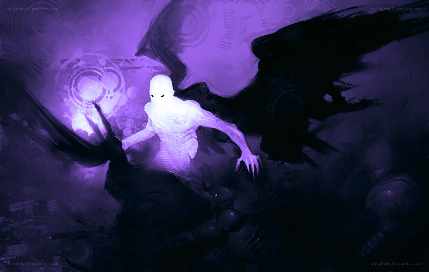 glowing figure with dark wings