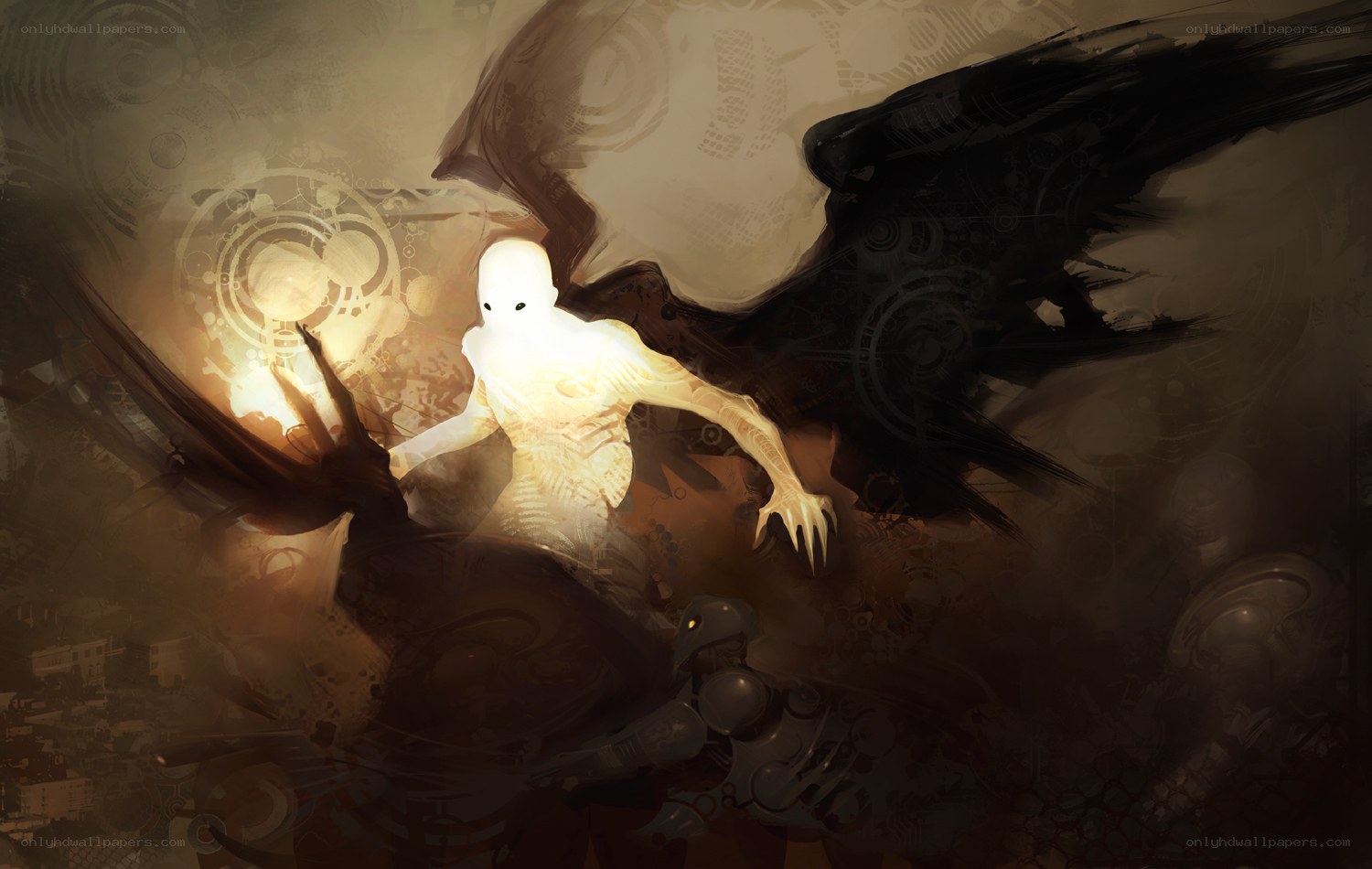 glowing figure with dark wings