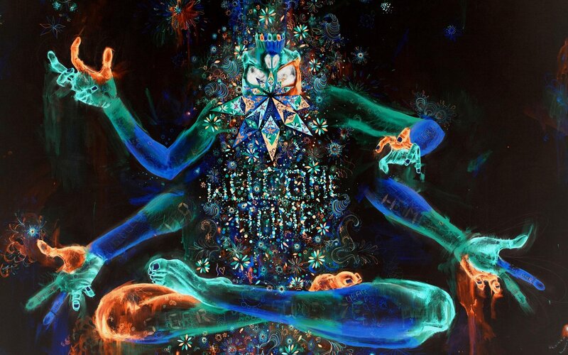 Glowing Figure with Multiple Arms — Blue