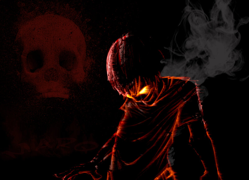 Glowing Figure with Skull