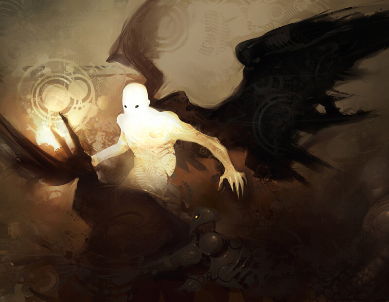 Glowing Figure with Wings — Brown, Dramatic, Digital Art, Mechanical Parts, Light