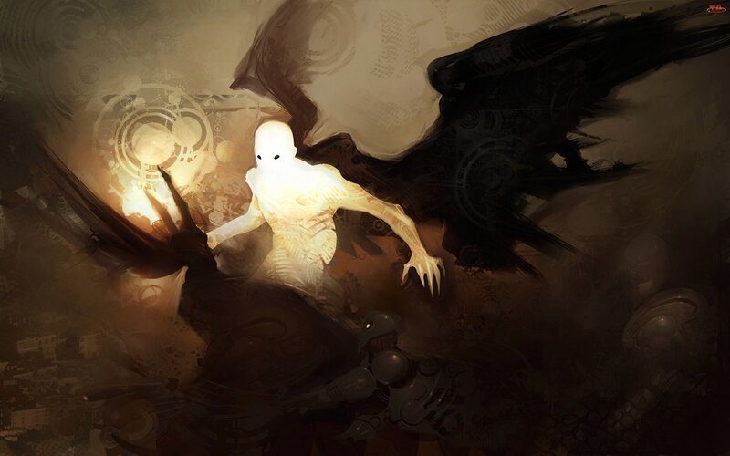 Glowing Figure with Wings — Brown, Dramatic, Digital Art, Mechanical Parts