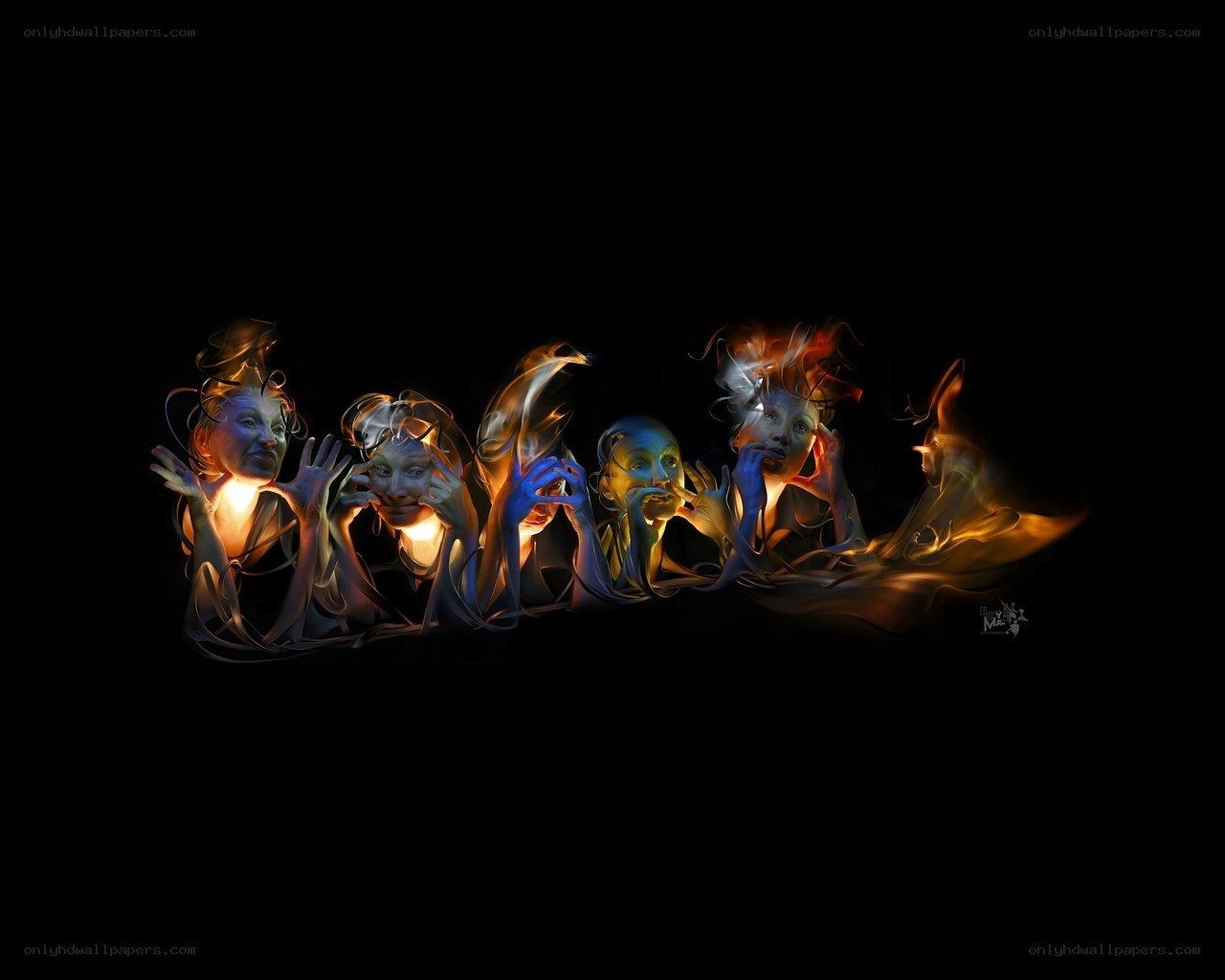 glowing figures in darkness