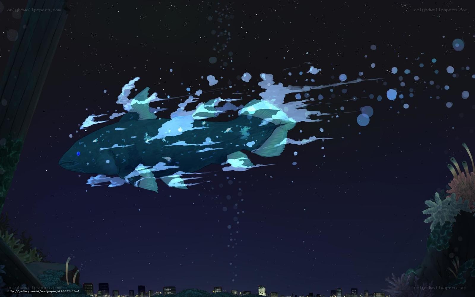 Glowing fish in night sky