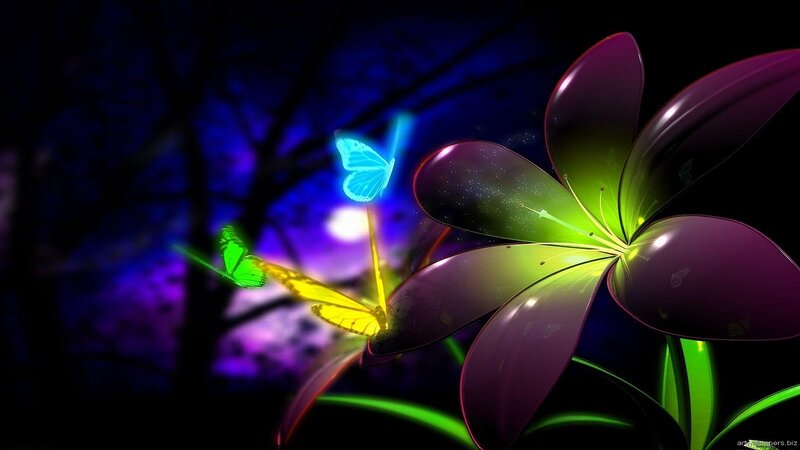 Glowing Flower and Butterflies — Purple, Dreamy, Night, Digital Art, Light