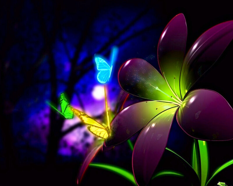 Glowing Flower and Butterflies — Purple, Dreamy, Night, Digital Art