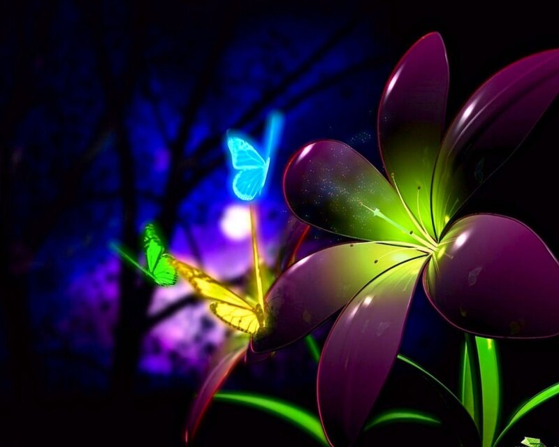 Glowing Flower and Butterflies — Purple, Dreamy