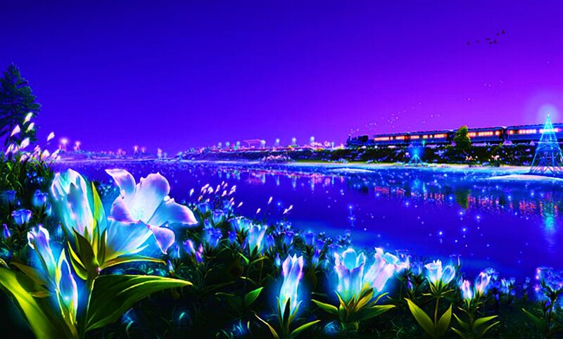 Glowing Flowers by Lake — Purple, Dreamy