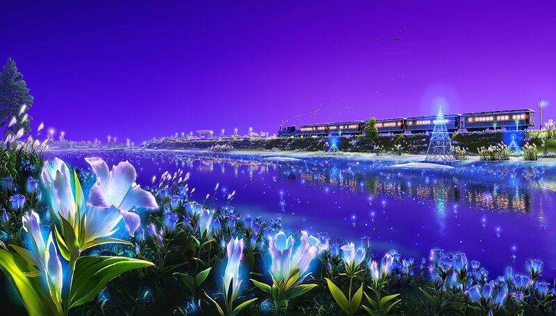 Glowing Flowers by Lake — Purple, Serene, Night