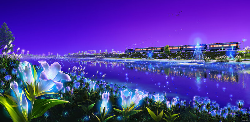 Glowing Flowers by Lake — Purple, Serene