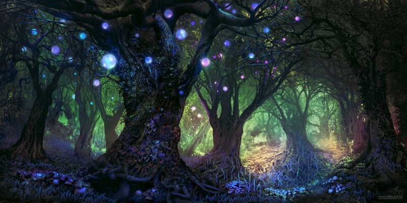 Glowing Forest at Night — Green, Mystical, Digital Art