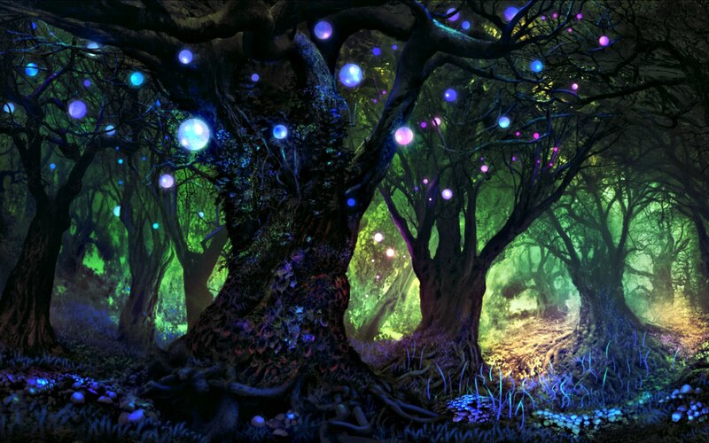 Glowing Forest at Night — Green, Mystical, Digital Art, Trees