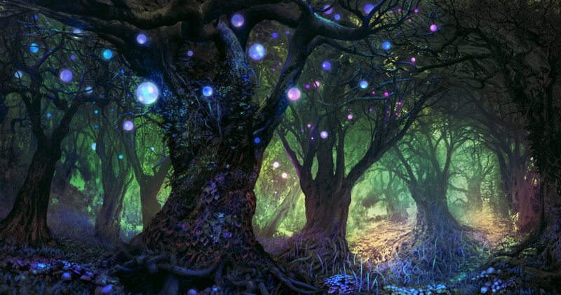 Glowing Forest at Night — Green, Mystical
