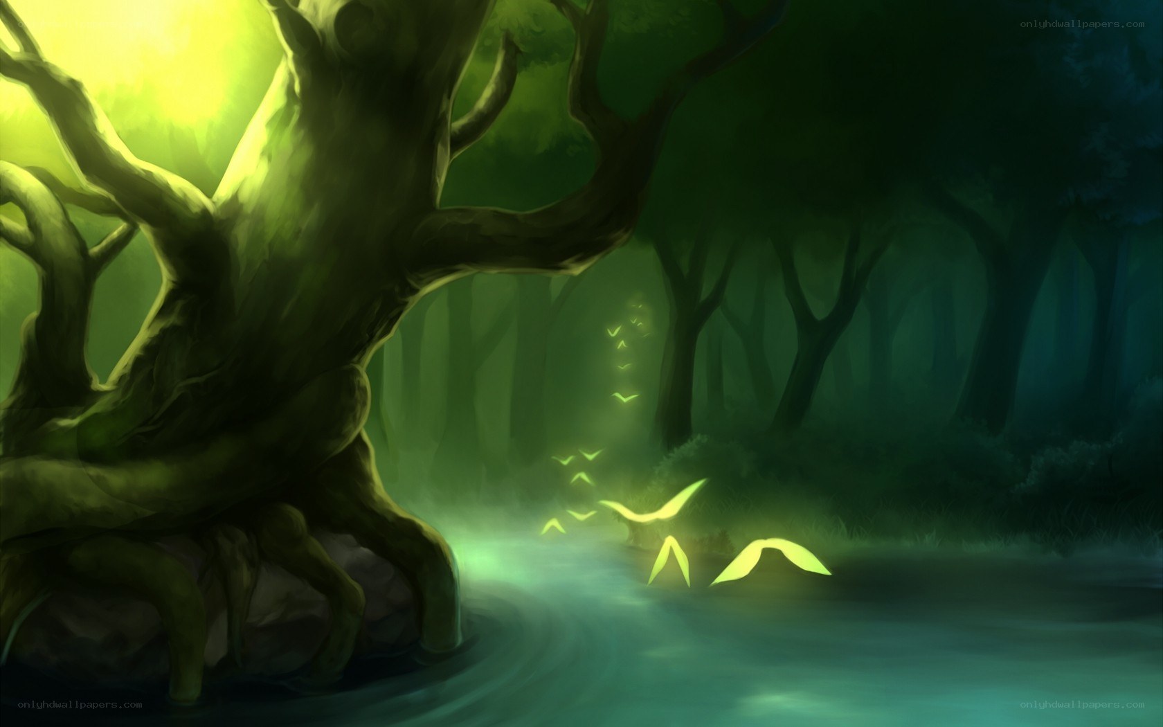 glowing forest at night
