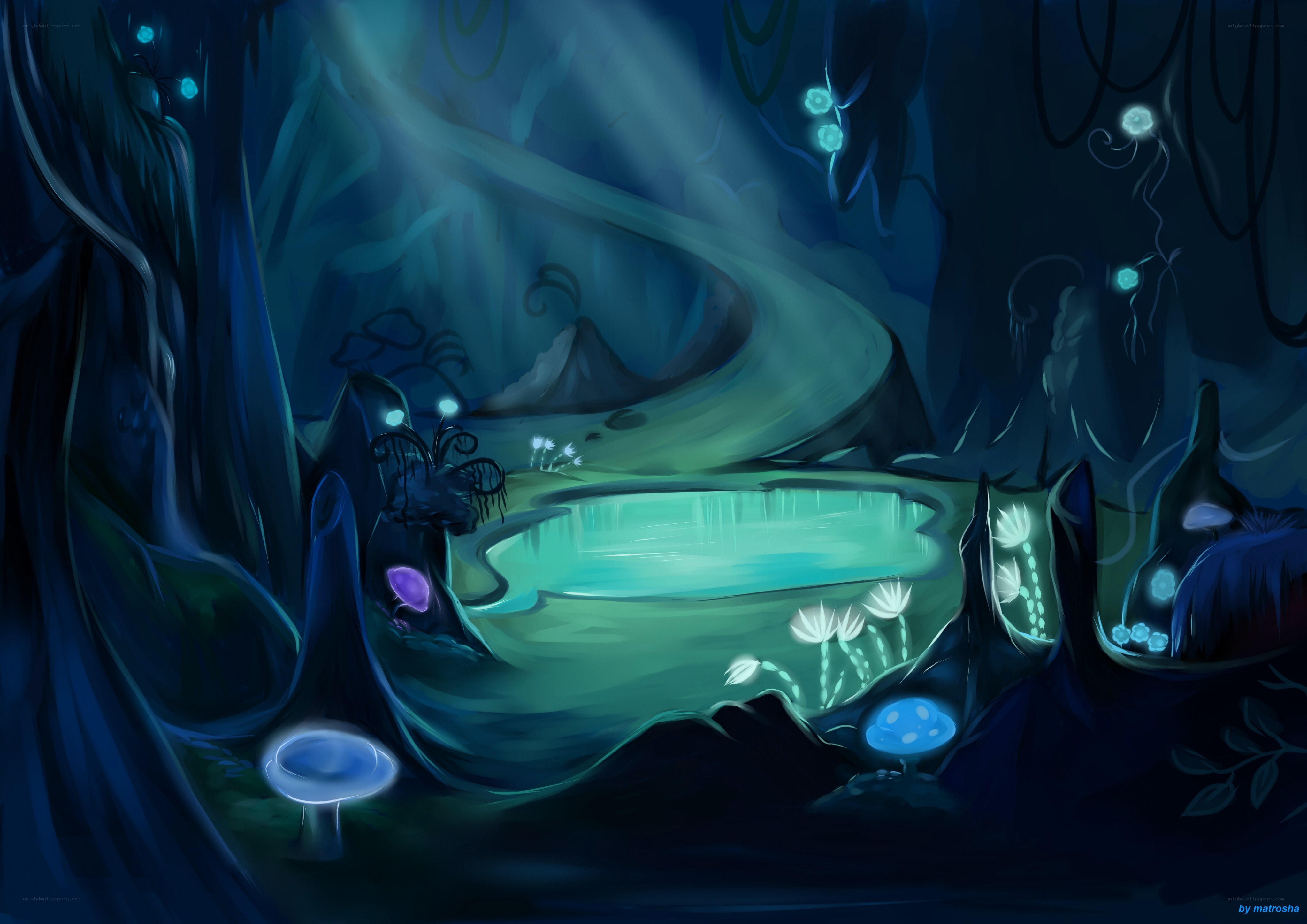 glowing forest pond
