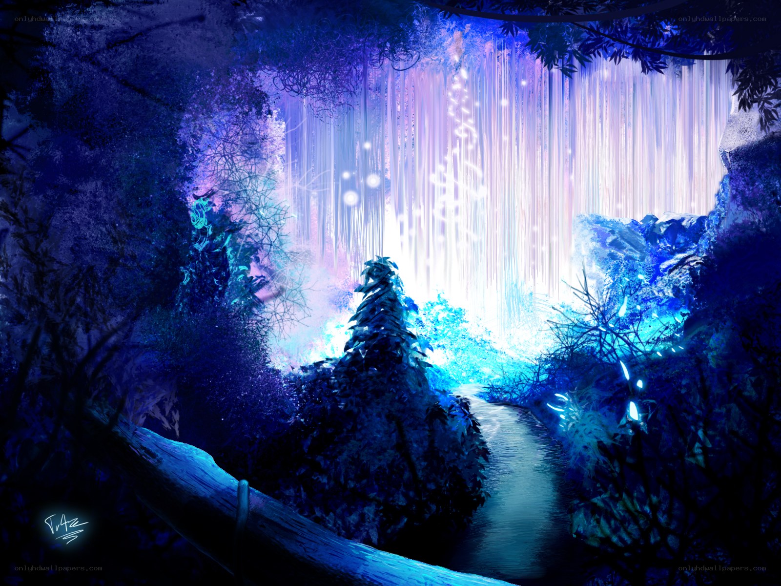 glowing forest waterfall