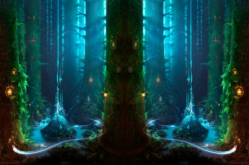 Glowing Forest with Waterfalls