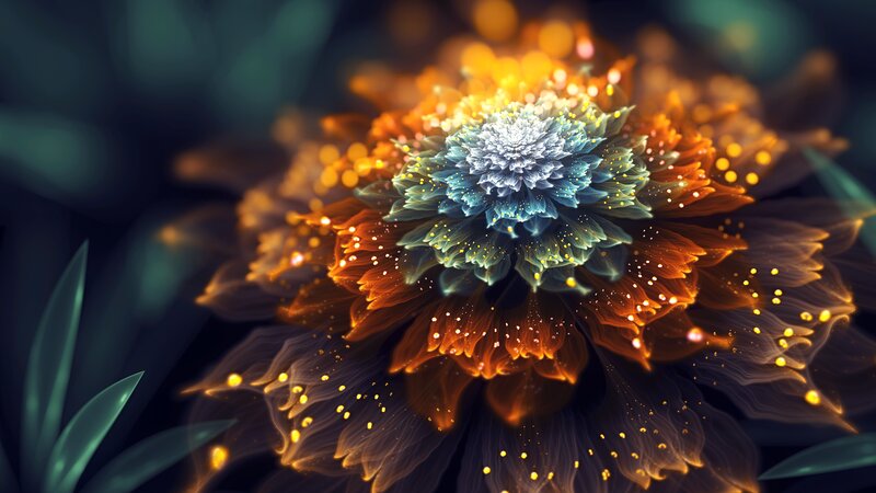 Glowing Fractal Flower — Blue, Ethereal, Digital Art, Petals, Sparkles