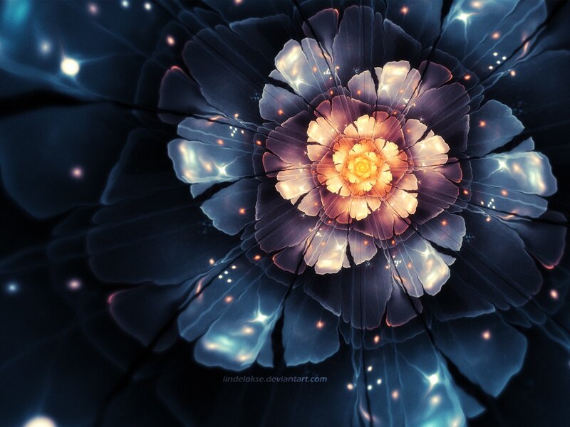 Glowing Fractal Flower — Blue, Ethereal, Night, Digital Art, Petals, Light, Stars