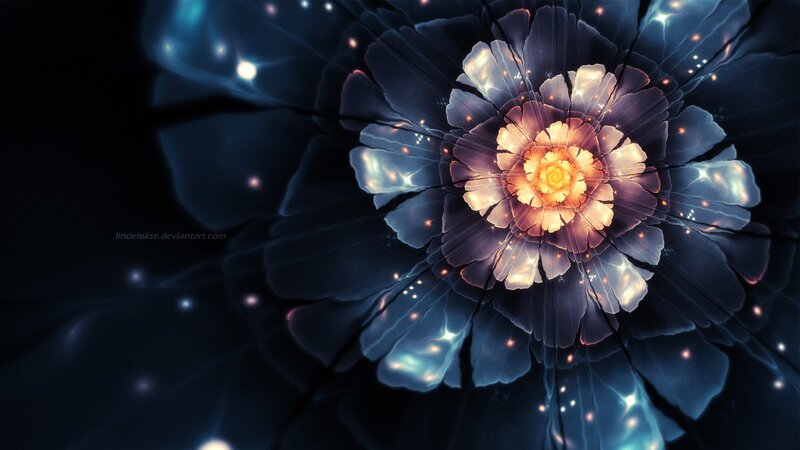 Glowing Fractal Flower — Blue, Ethereal, Night, Digital Art, Petals, Light
