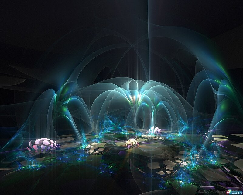 Glowing Fractal Flowers — Blue, Ethereal, Night, Digital Art, Light, Darkness