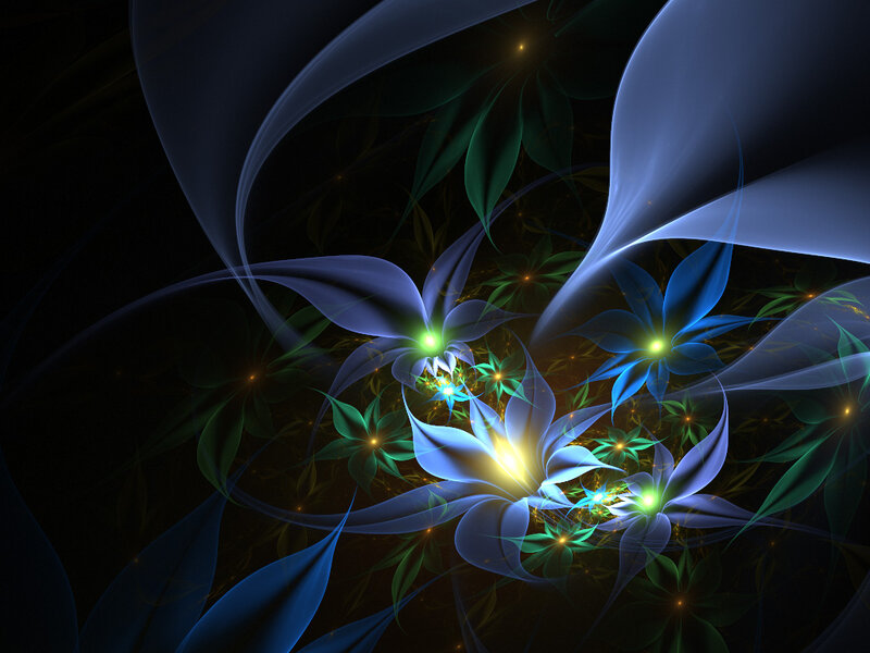 Glowing Fractal Flowers — Blue, Ethereal, Night, Digital Art, Light, Leaves