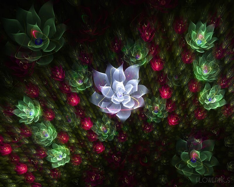 Glowing Fractal Flowers — Green, Ethereal, Night, Digital Art, Light, Dark Background