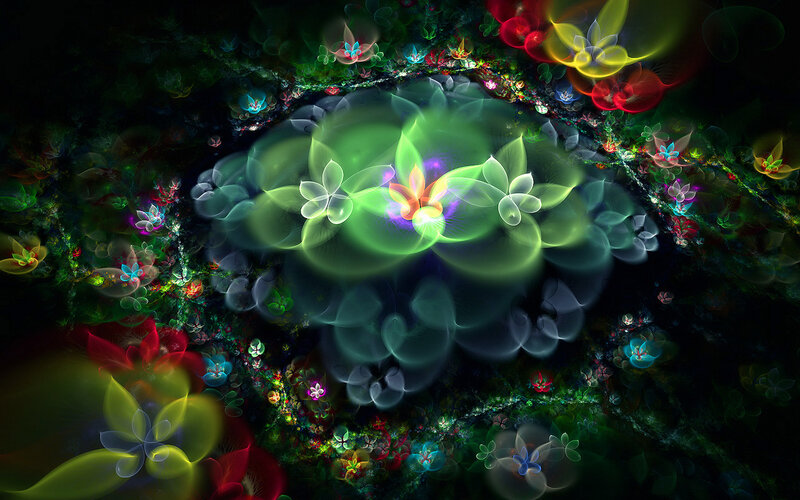 Glowing Fractal Flowers — Green, Ethereal, Night, Digital Art, Light