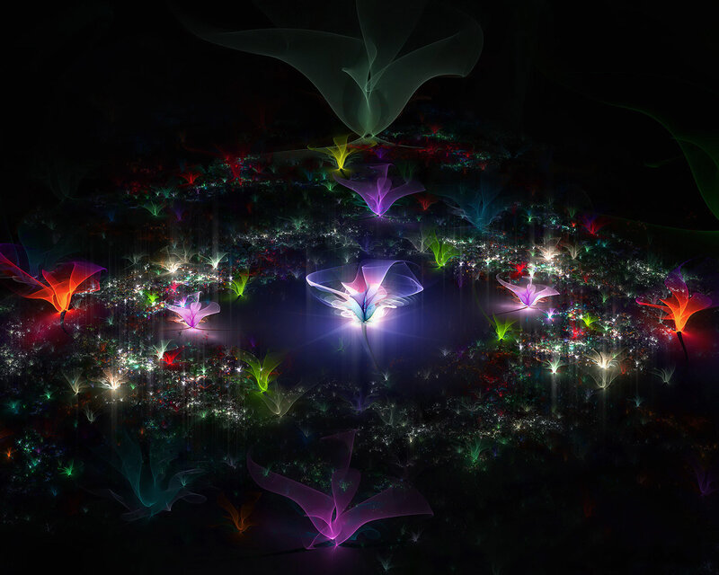 glowing fractal flowers in dark space