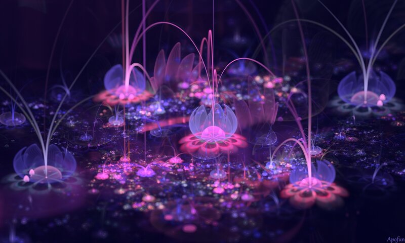 Glowing Fractal Flowers — Purple, Ethereal, Night, Digital Art, Light, Particles