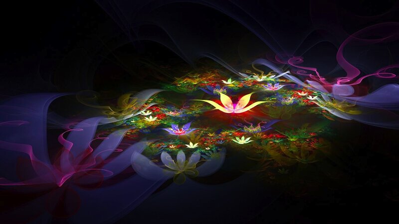Glowing Fractal Flowers — Purple, Ethereal, Night, Digital Art, Light, Smoke