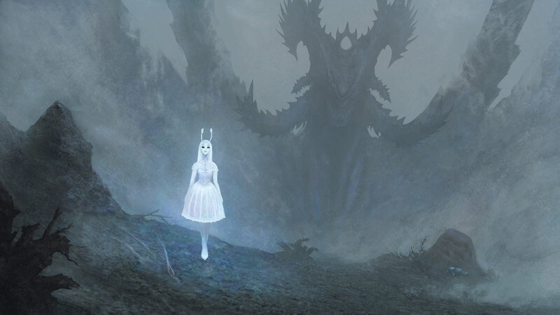Glowing Girl Facing Monster