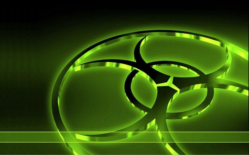 Glowing Green Biohazard Symbol — Dramatic, Digital Art