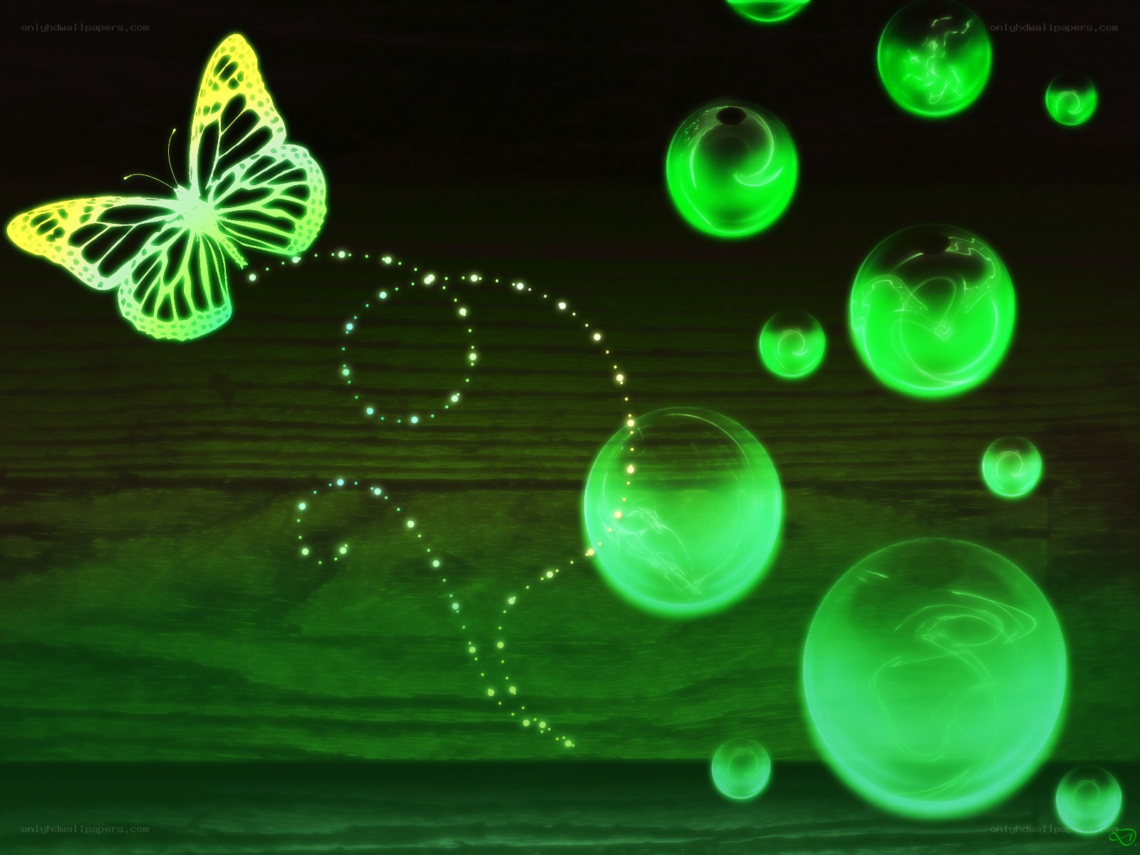 glowing green butterfly and bubbles