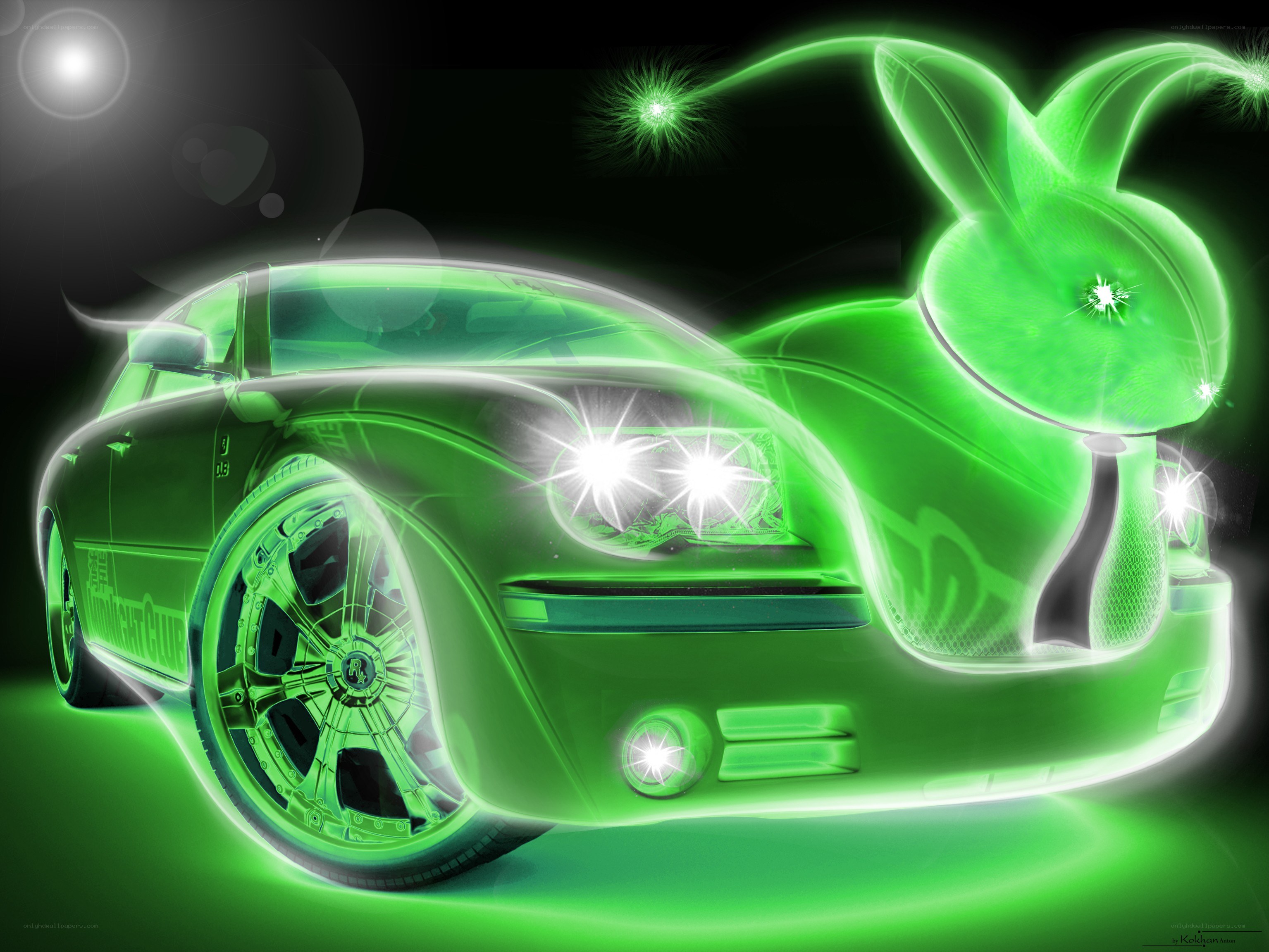 glowing green car with rabbit