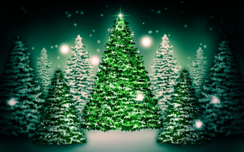 Glowing Green Christmas Tree — Festive, Night, Digital Art, Snow