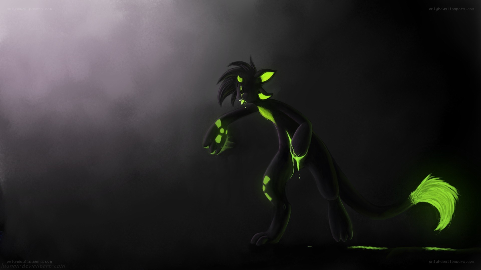 glowing green creature in dark