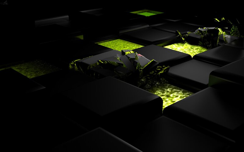 glowing green cubes in dark space