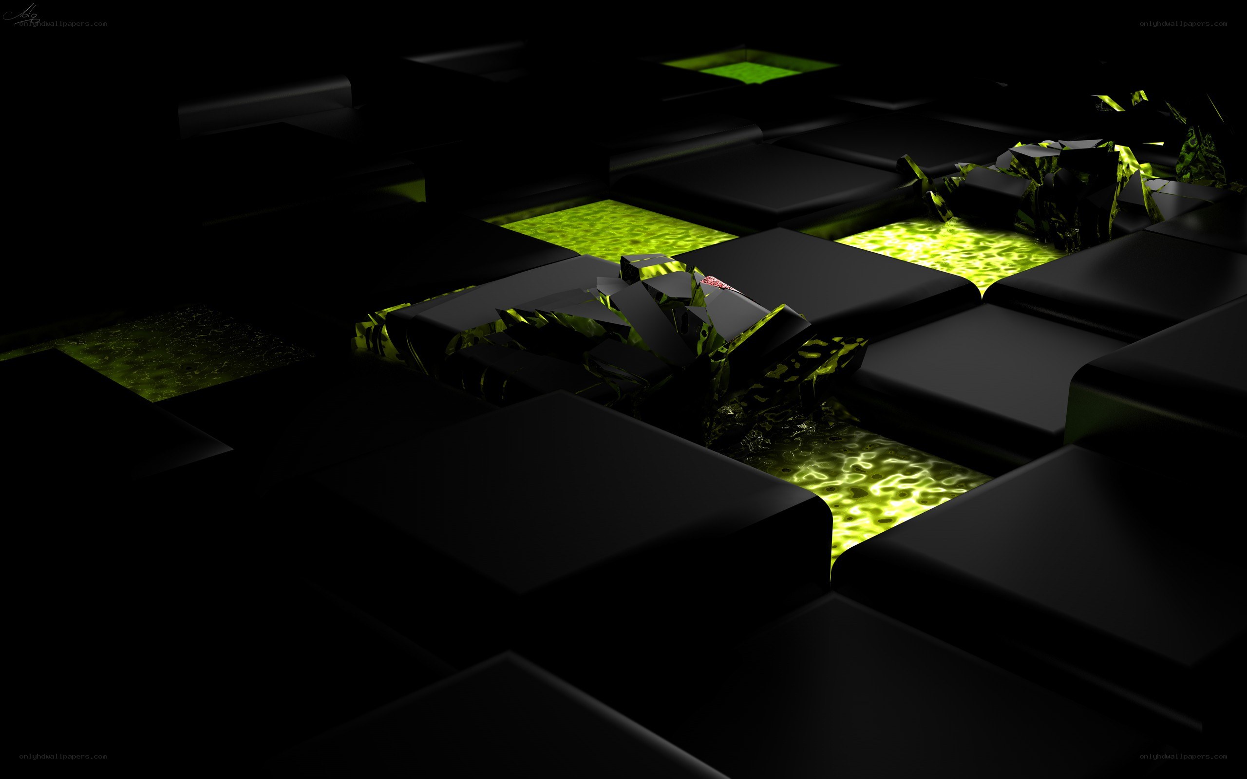 glowing green cubes in dark space