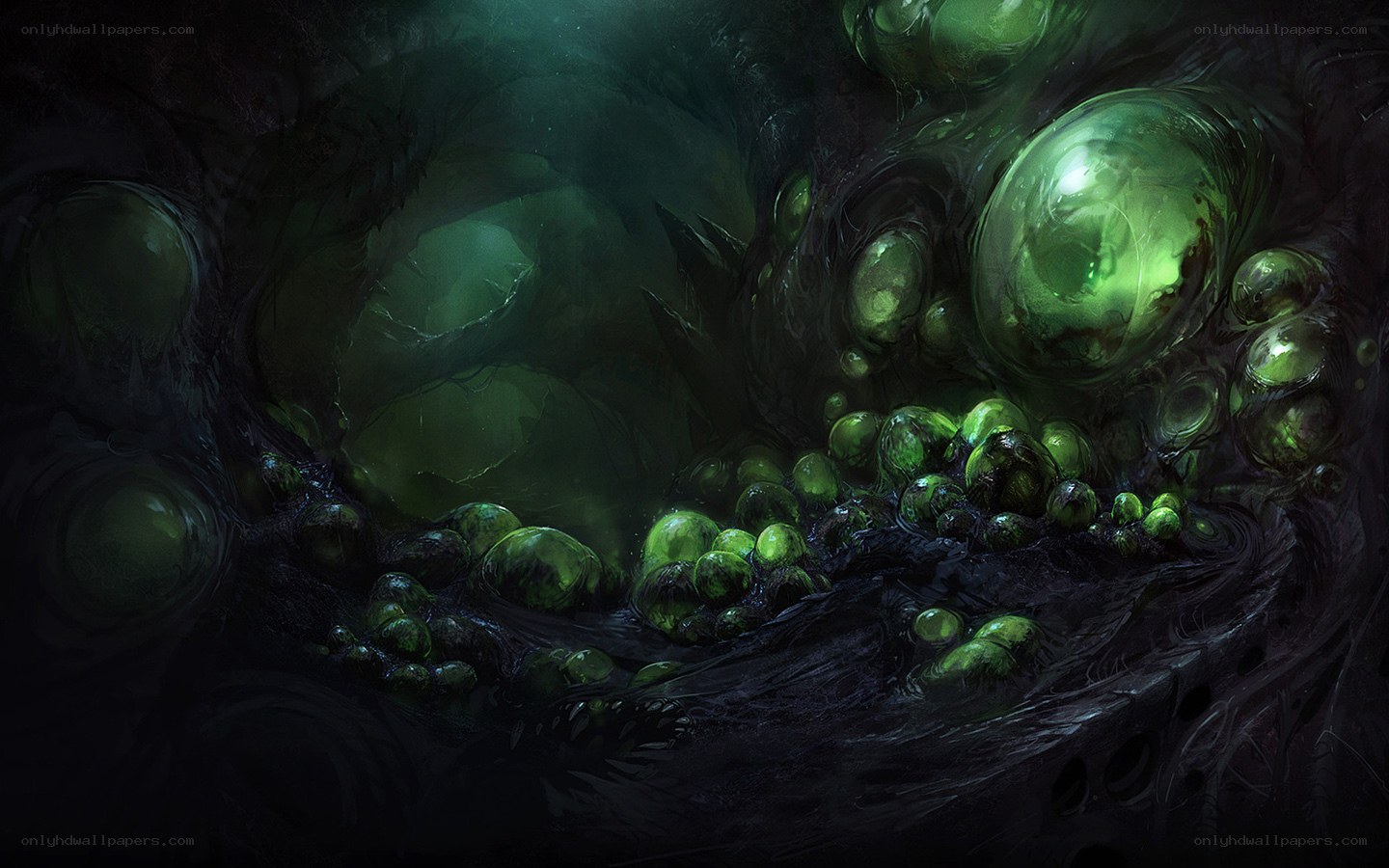 Glowing green cysts in dark cave