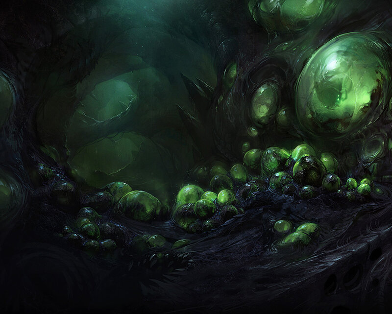 Glowing green cysts in dark cave