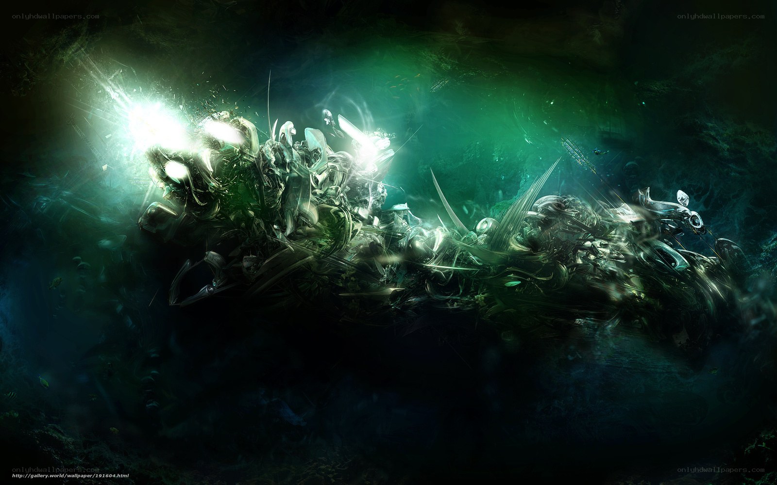 glowing green mechanical wreckage