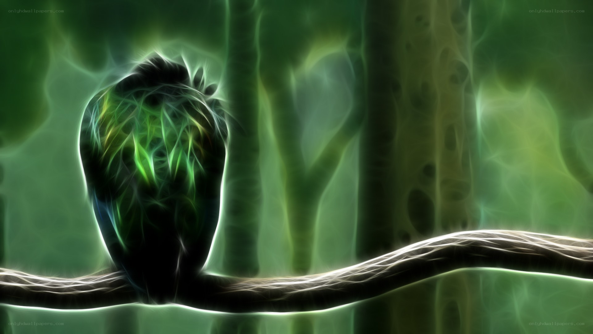 glowing green owl on branch