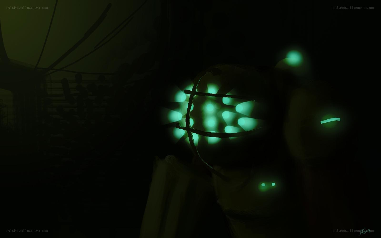 glowing green robot in darkness