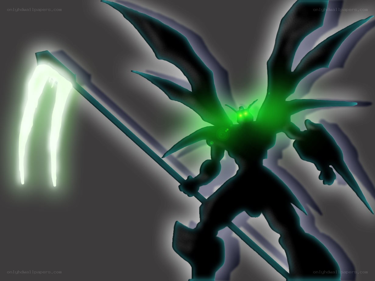 glowing green robot with scythe