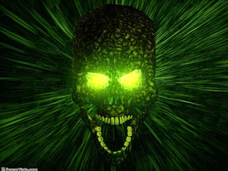 Glowing Green Skull — Dark, Digital Art, Green Light