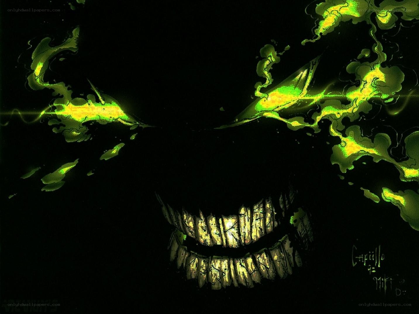 glowing green skull face