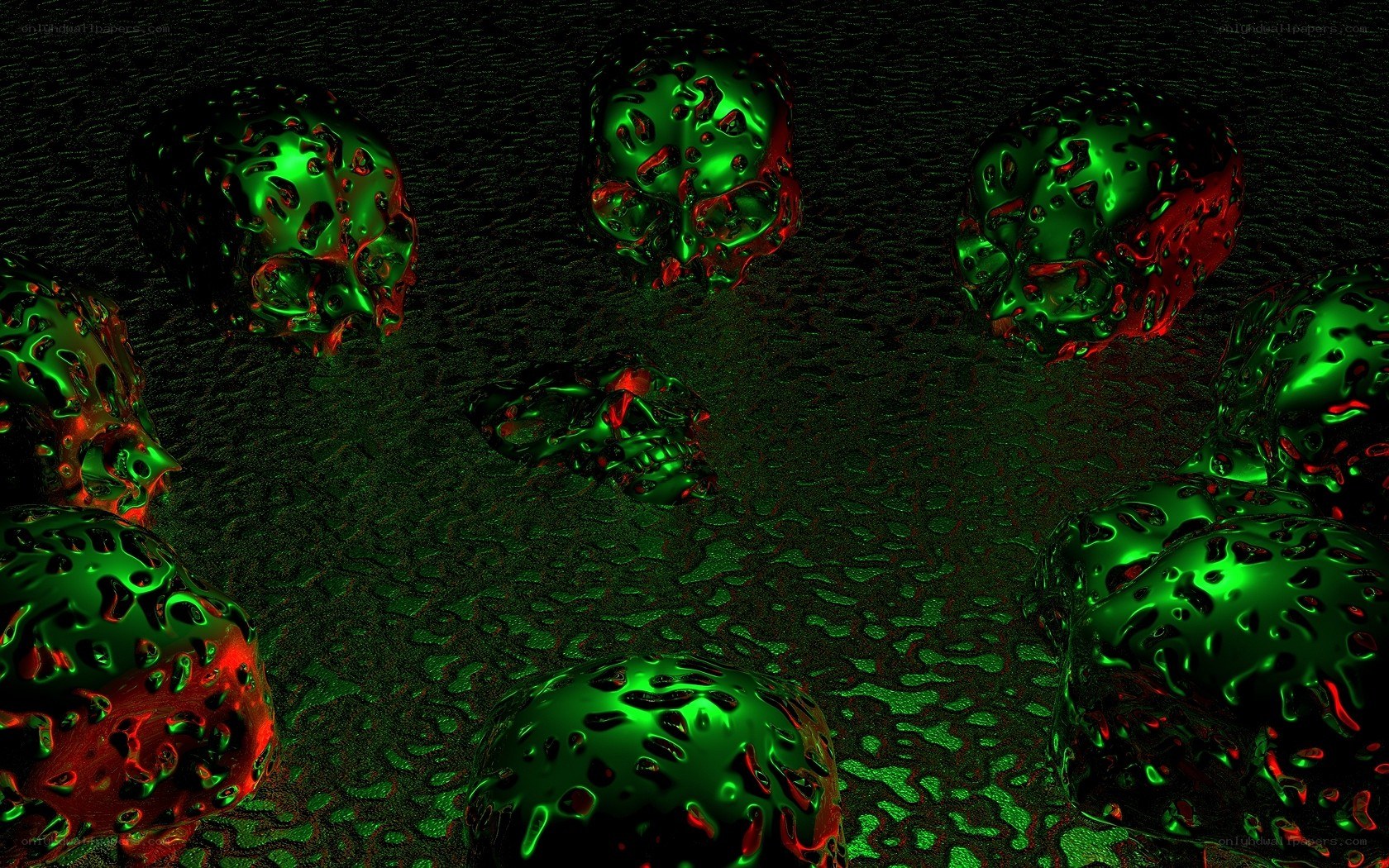 glowing green skulls on dark surface