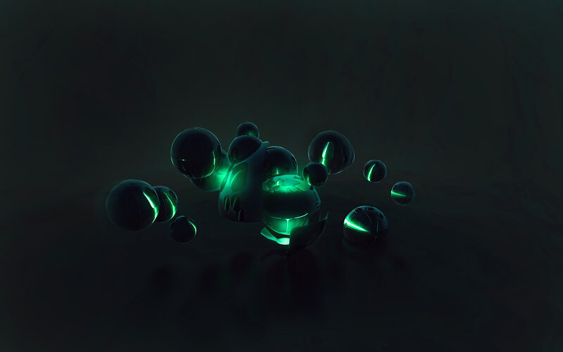 glowing green spheres in darkness
